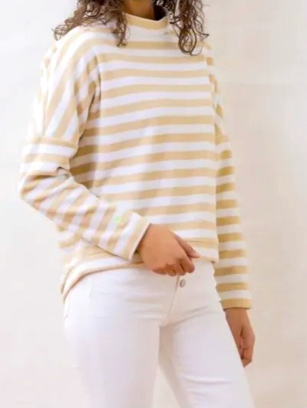 Dudley Stephens | Tan Striped Boatneck Mockneck Fleece Sweater Size XS